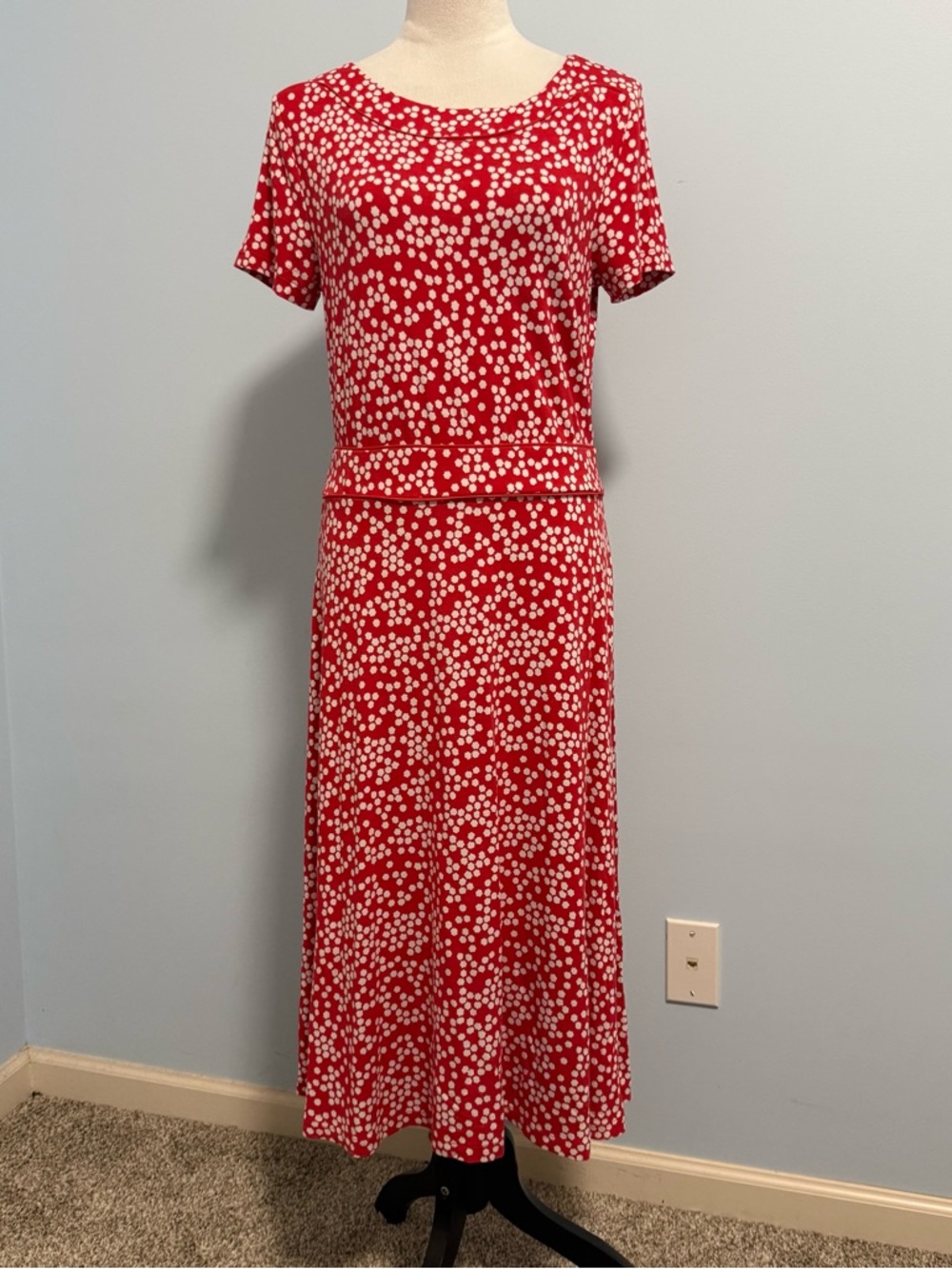 Boden Red midi dress Size 12L short sleeves white polka-dot print